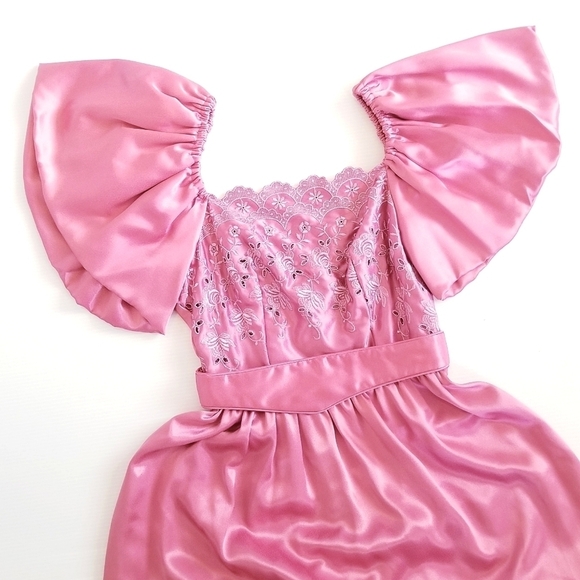 Vintage Union Made 80s Puff Sleeve Satin Pink Embrodiered Floral Midi Dress - Picture 7 of 16